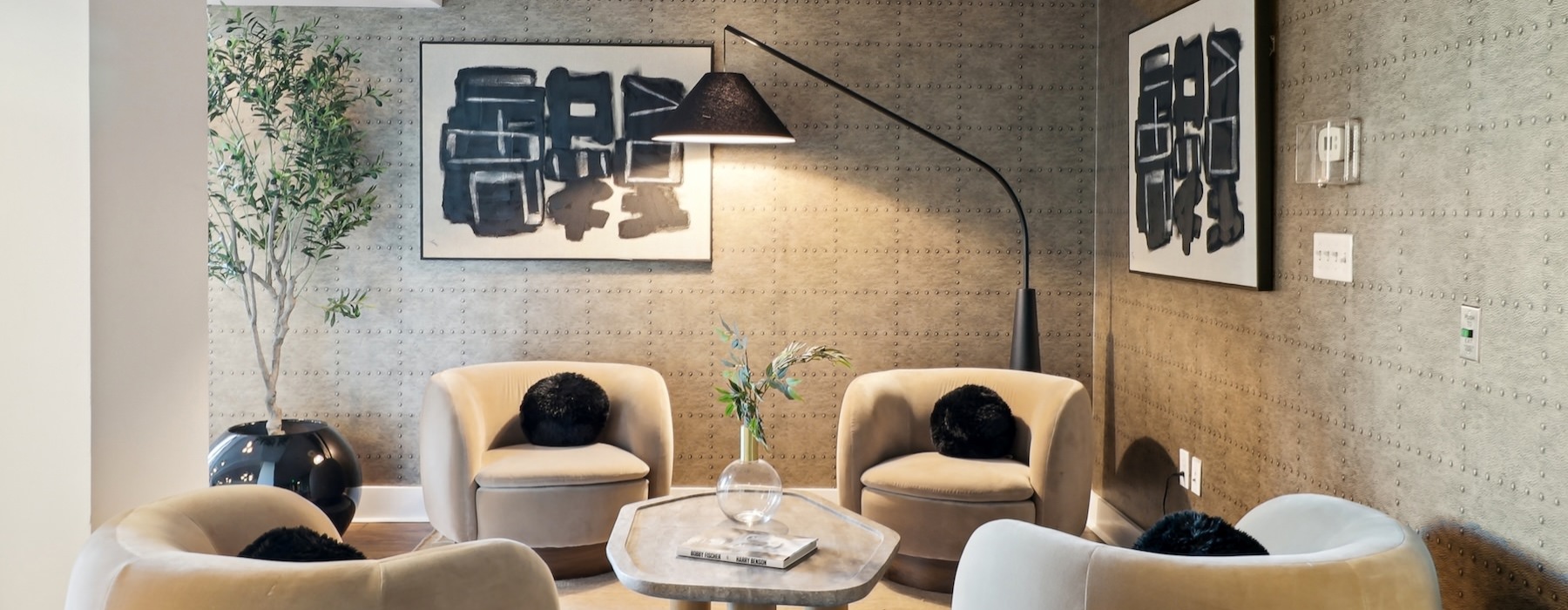 a room with a table and chairs