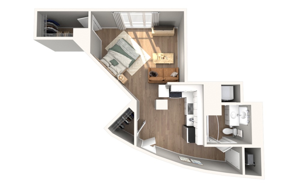 S1 - Studio floor plan layout with 1 bathroom and 587 square feet